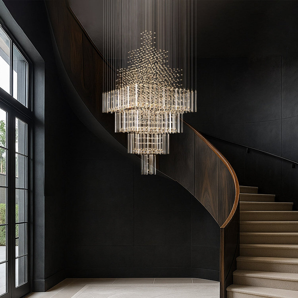 Tiered Crystal Chandelier with Cascading Glass Drops for Foyer, Staircase & High Ceilings – Adjustable Height Modern Lighting Fixture