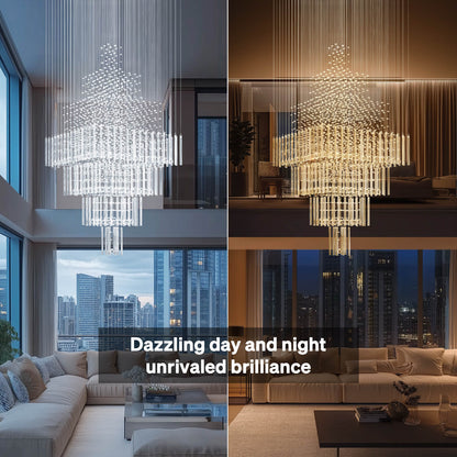 Tiered Crystal Chandelier with Cascading Glass Drops for Foyer, Staircase & High Ceilings – Adjustable Height Modern Lighting Fixture