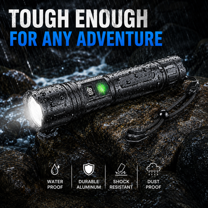 Heavy-Duty LED Flashlight with Power Bank Function, 5-Mode Zoomable Beam, Rechargeable 5000mAh Battery, Waterproof Aluminum Body for Camping