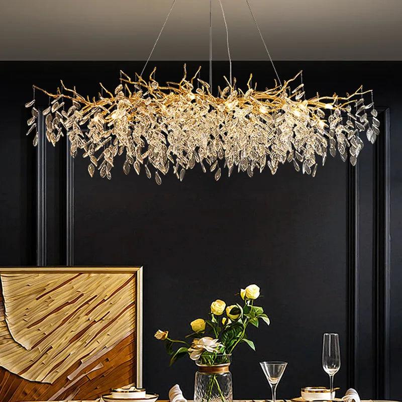 Crystal Ceiling Fixture LED Linear Bar Chandelier Dining Room Gold Silver Hanging Light Modern Luxury Island Lighting for Living Spaces