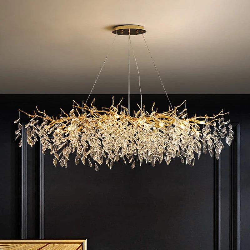 Crystal Ceiling Fixture LED Linear Bar Chandelier Dining Room Gold Silver Hanging Light Modern Luxury Island Lighting for Living Spaces