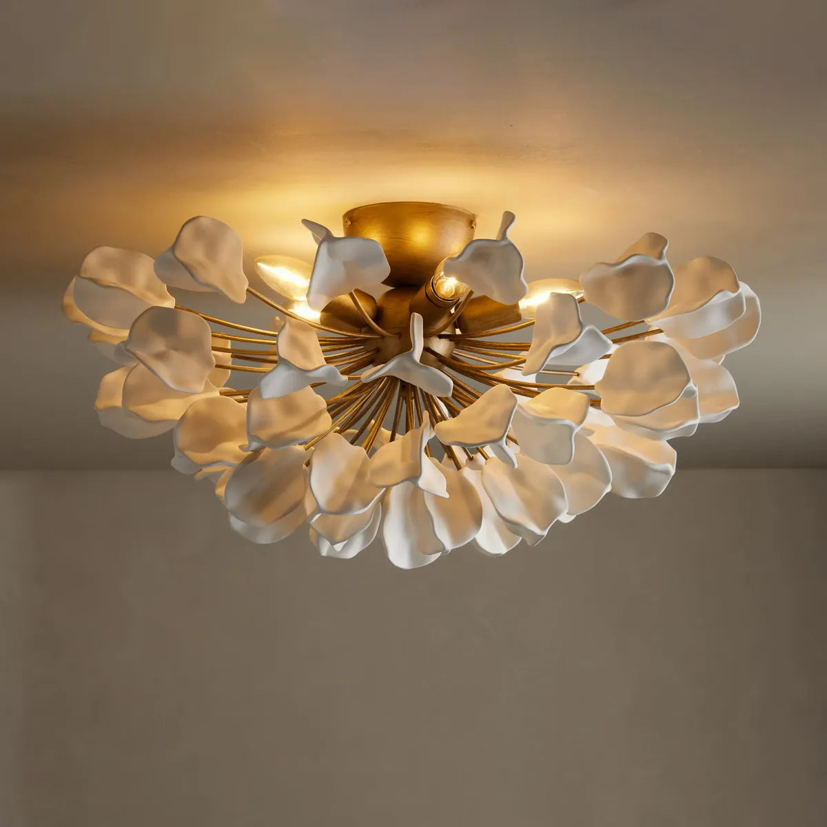 Ceramic Petal Flush Mount Ceiling Light with Handcrafted Leaves – 5-Light Fixture for Living Room, Dining Room & Bedroom – Dimmable E12