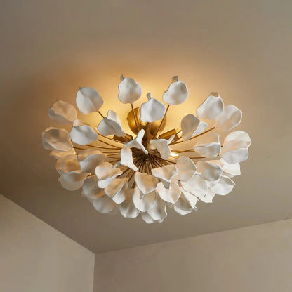 Ceramic Petal Flush Mount Ceiling Light with Handcrafted Leaves – 5-Light Fixture for Living Room, Dining Room & Bedroom – Dimmable E12