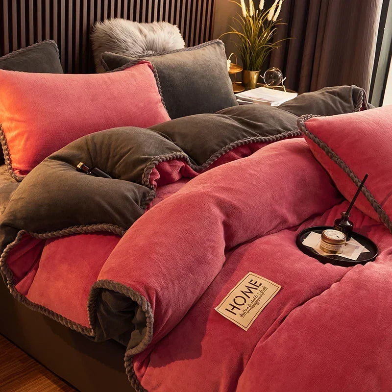 Soft Fleece Comforter Cover Set Winter Warm Bedding Queen King Gray Pink Beige Black for Bedroom Cold Weather Cozy Night Sleep
