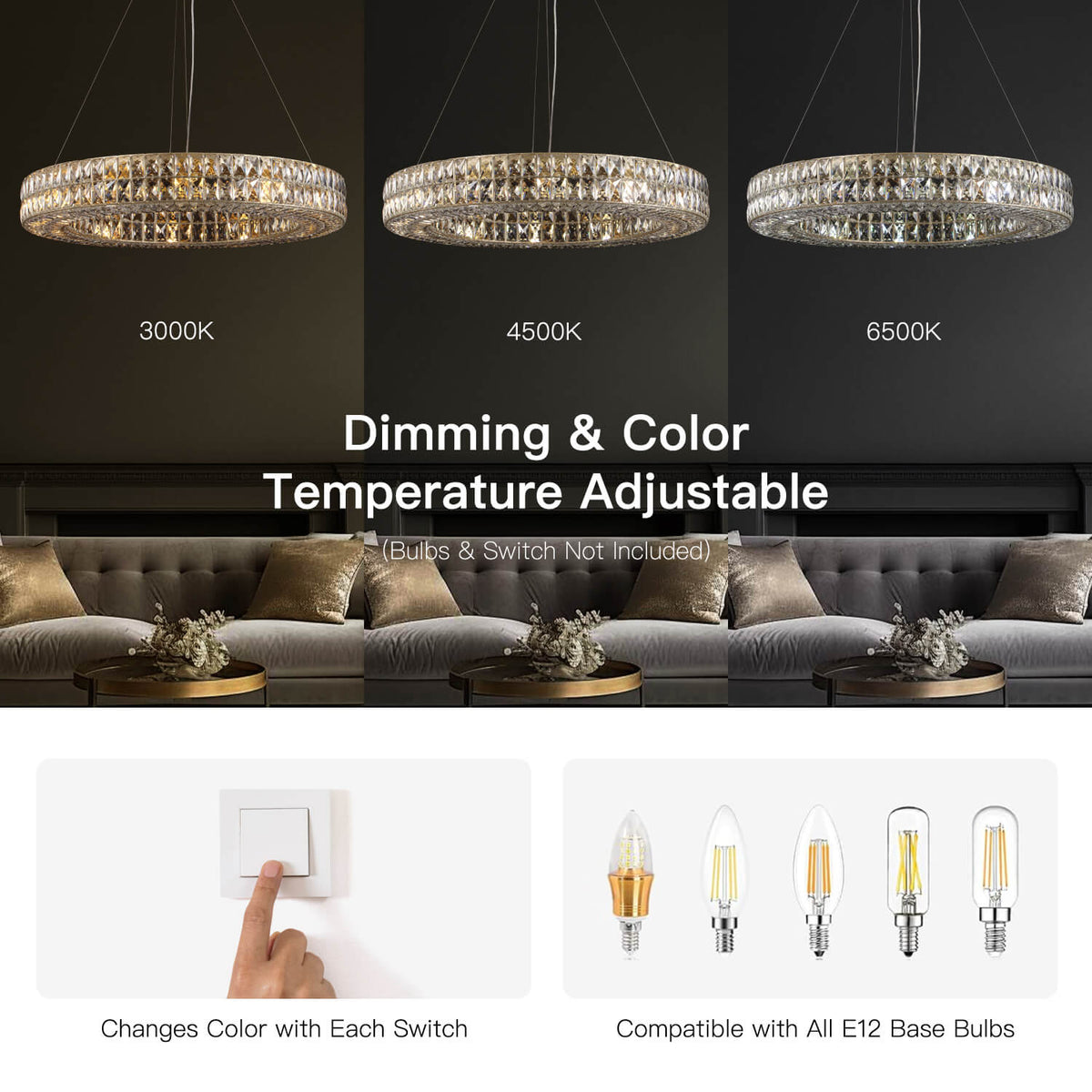 Double-Ring Crystal Chandelier in Gold or Silver Finish – Contemporary Candelabra-Style Hanging Light for Dining Room & Kitchen Island – 3