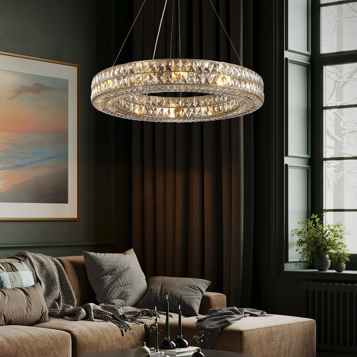 Double-Ring Crystal Chandelier in Gold or Silver Finish – Contemporary Candelabra-Style Hanging Light for Dining Room & Kitchen Island – 3