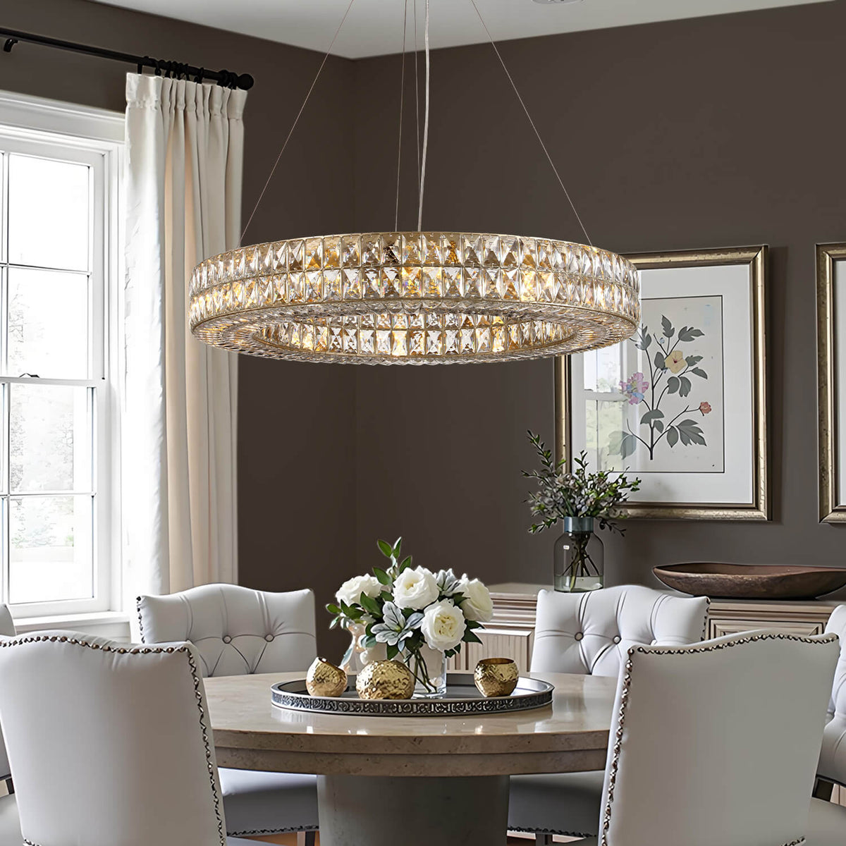 Double-Ring Crystal Chandelier in Gold or Silver Finish – Contemporary Candelabra-Style Hanging Light for Dining Room & Kitchen Island – 3