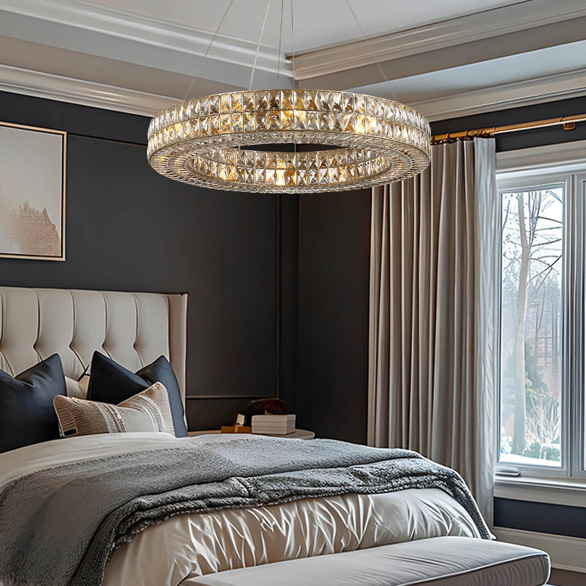 Double-Ring Crystal Chandelier in Gold or Silver Finish – Contemporary Candelabra-Style Hanging Light for Dining Room & Kitchen Island – 3