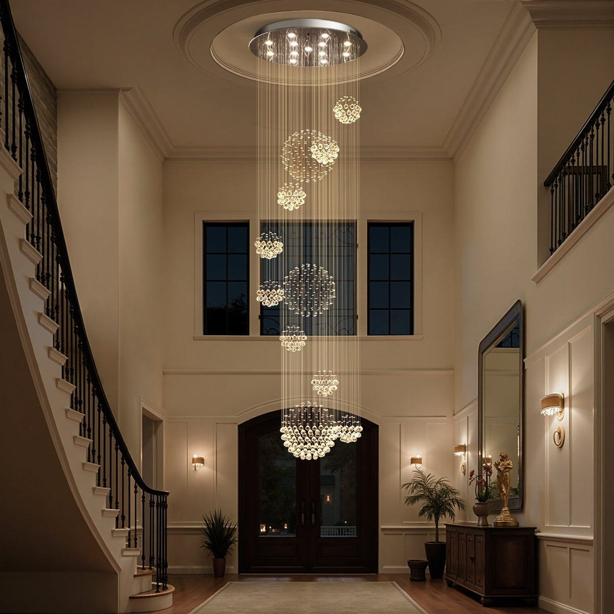 Spiral Raindrop Crystal Pendant Light 120 in Drop Chrome Multi-Tier Fixture for High Ceilings Entryways Double-Height Foyers Stairwells
