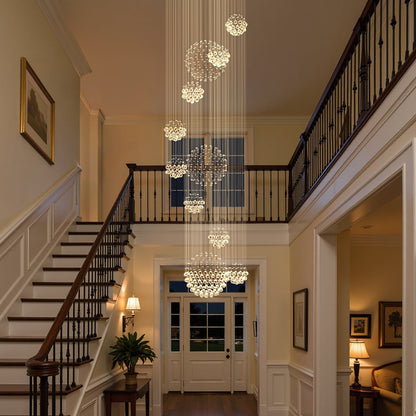 Spiral Raindrop Crystal Pendant Light 120 in Drop Chrome Multi-Tier Fixture for High Ceilings Entryways Double-Height Foyers Stairwells