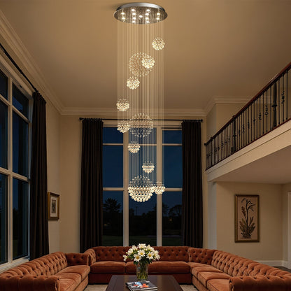 Orbital Raindrop Crystal Chandelier with Multi-Tier Chrome Frame for Stairwells & High Ceilings