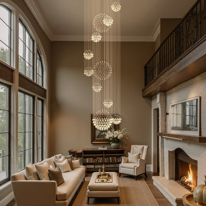 Spiral Raindrop Crystal Pendant Light 120 in Drop Chrome Multi-Tier Fixture for High Ceilings Entryways Double-Height Foyers Stairwells