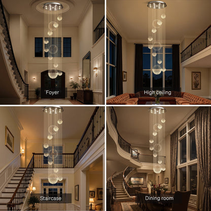 Orbital Raindrop Crystal Chandelier with Multi-Tier Chrome Frame for Stairwells & High Ceilings
