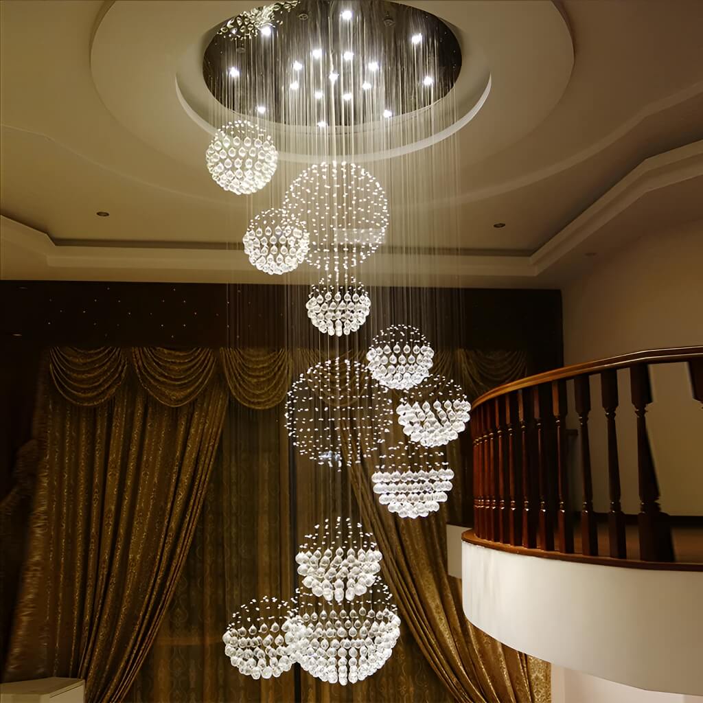 Spiral Raindrop Crystal Pendant Light 120 in Drop Chrome Multi-Tier Fixture for High Ceilings Entryways Double-Height Foyers Stairwells