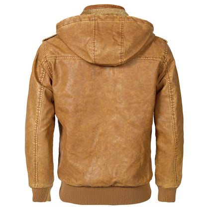 Men's Faux Leather Jacket with Removable Hood – Classic Motorcycle Style Coat for Fall & Winter