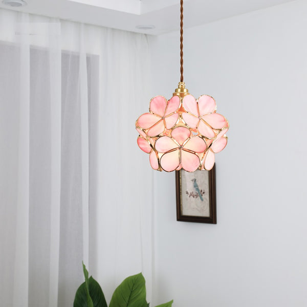 Floral Glass Hanging Light Fixture with Adjustable 59-Inch Cord E27 Socket Gold Brass Frame for Kitchen Table Bedroom Living Room Vintage-St