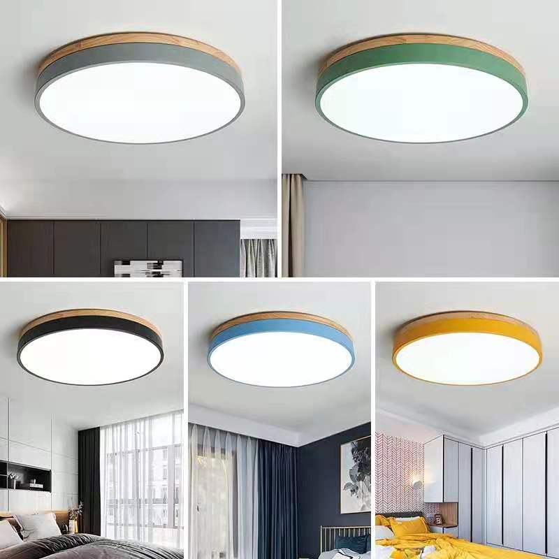 Round Wood Flush Mount LED Ceiling Light 3-Color Dimmable Scandinavian Style for Living Room Bedroom Kitchen