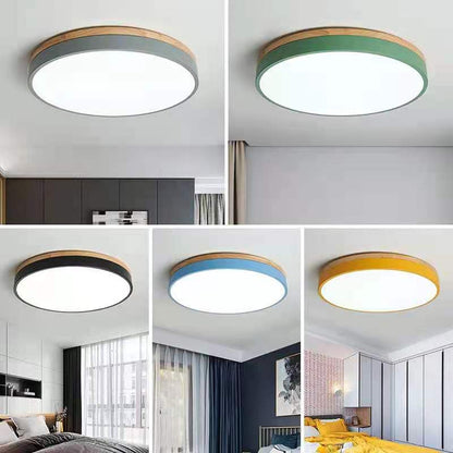 Round Wood Flush Mount LED Ceiling Light 3-Color Dimmable Scandinavian Style for Living Room Bedroom Kitchen
