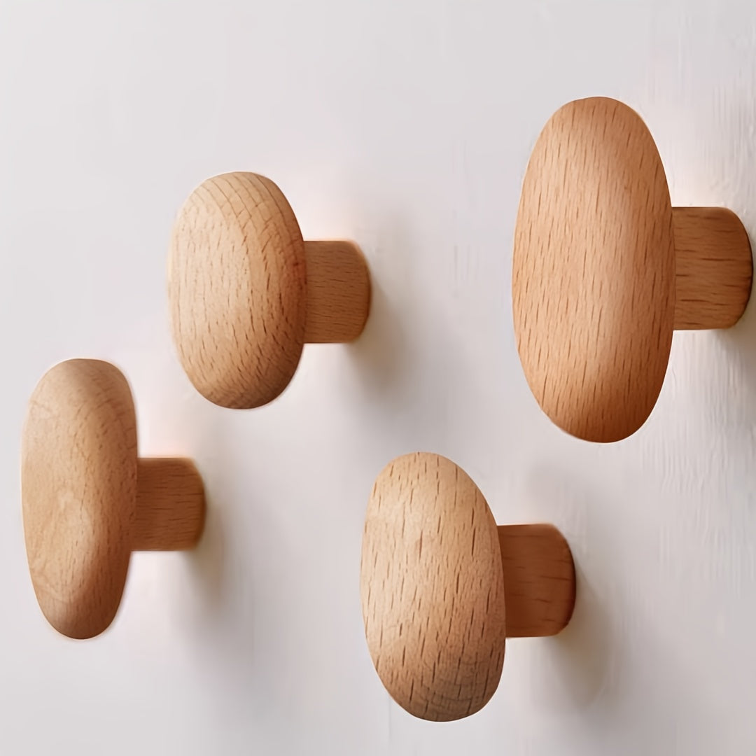 Pebble-Shaped Wooden Pegs 4-Piece Storage Organizer Set Natural Finish for Entryway Bathroom Bedroom Kitchen Minimalist Decor