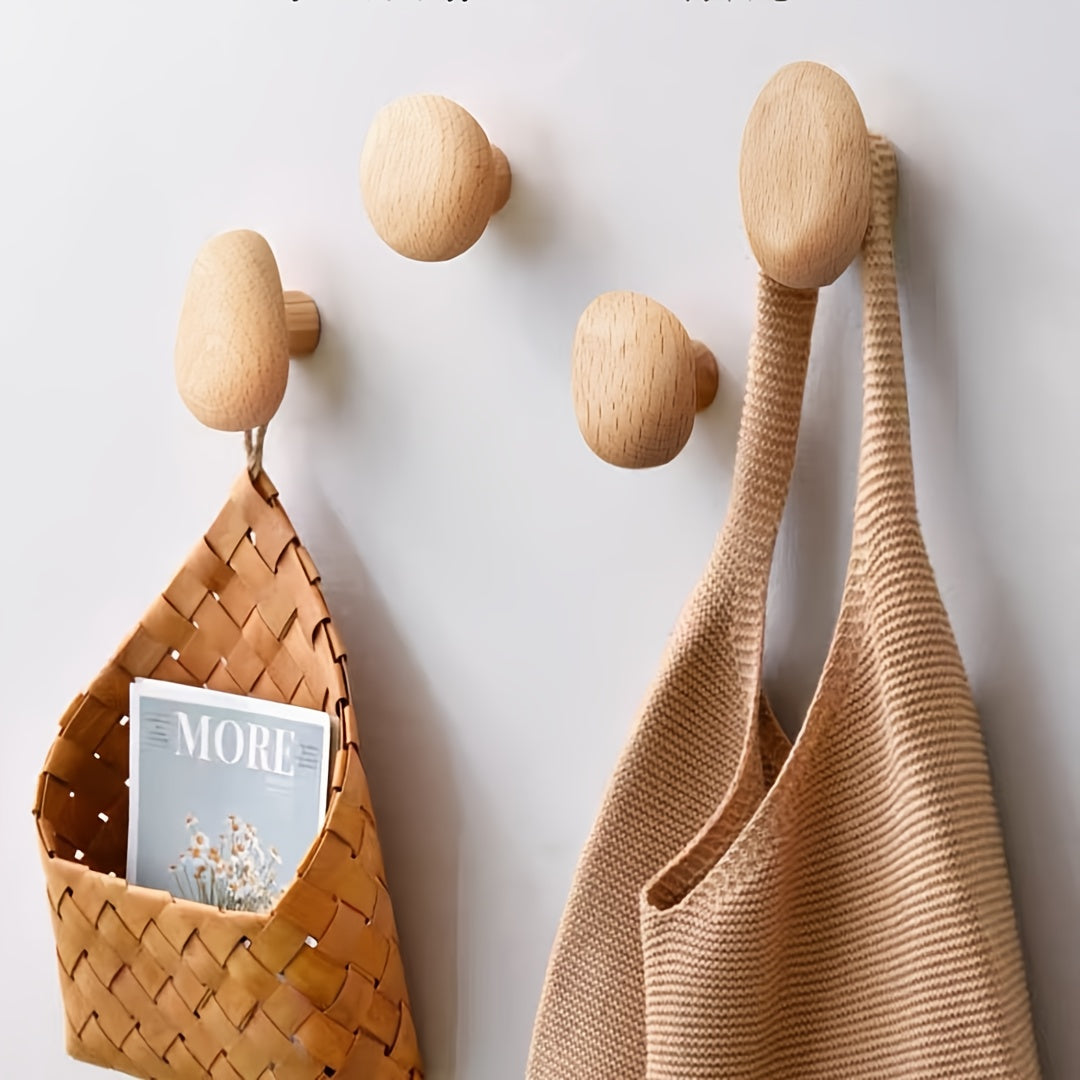 Pebble-Shaped Wooden Pegs 4-Piece Storage Organizer Set Natural Finish for Entryway Bathroom Bedroom Kitchen Minimalist Decor
