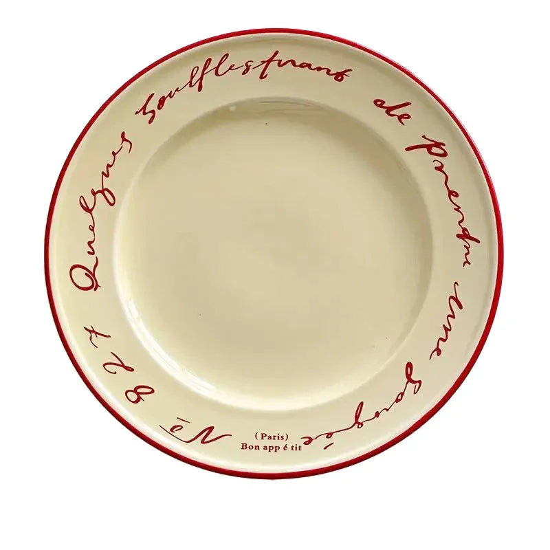Ceramic Dessert Plate 8 Inch Round Pastel Serving Dish with Script Detail for Kitchen Table Breakfast Pastry Appetizer Snack