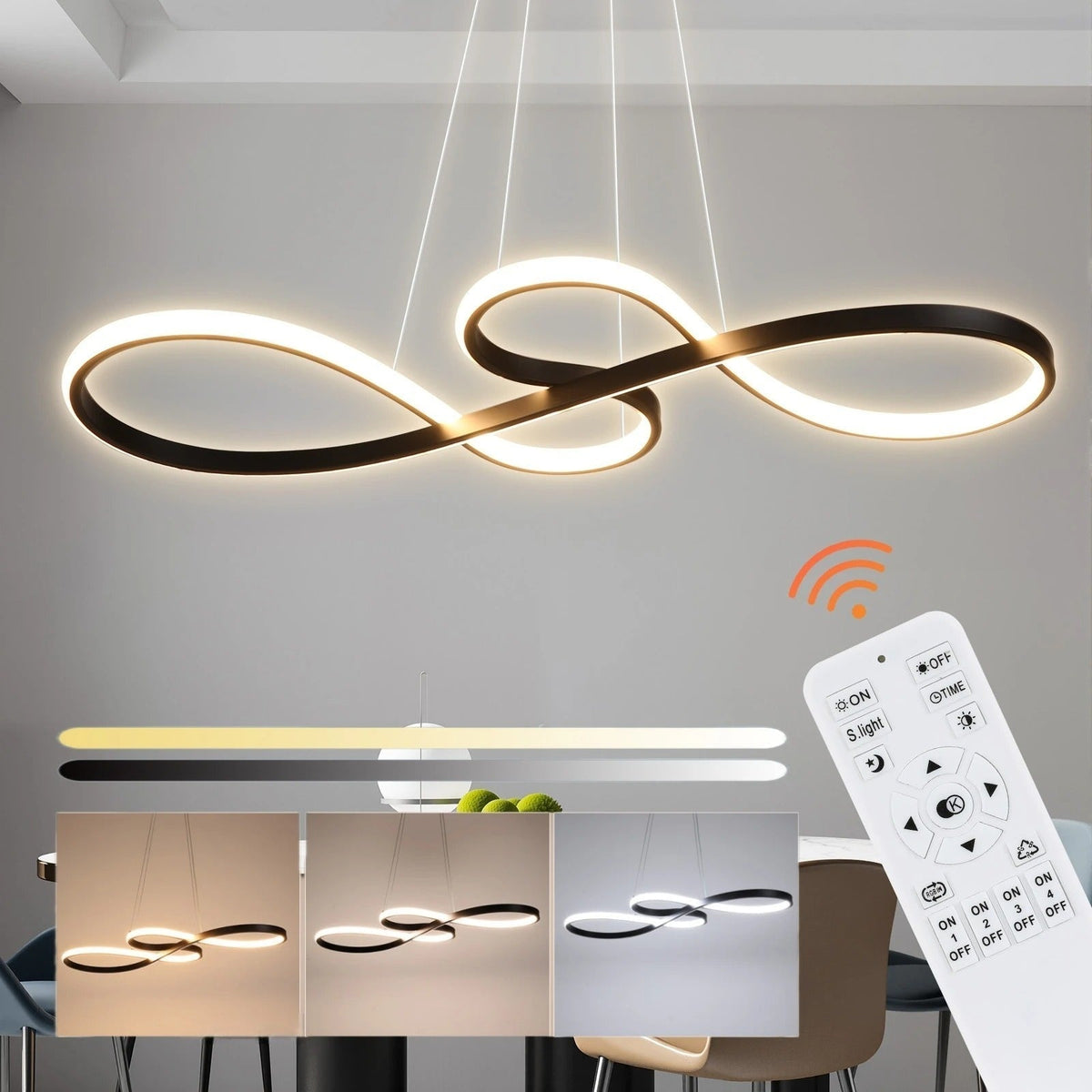 Modern Circle Hanging Fixture with Remote Dimming for Dining Room & Kitchen Island Adjustable Height 47 in Black White Gold Finish Contempor