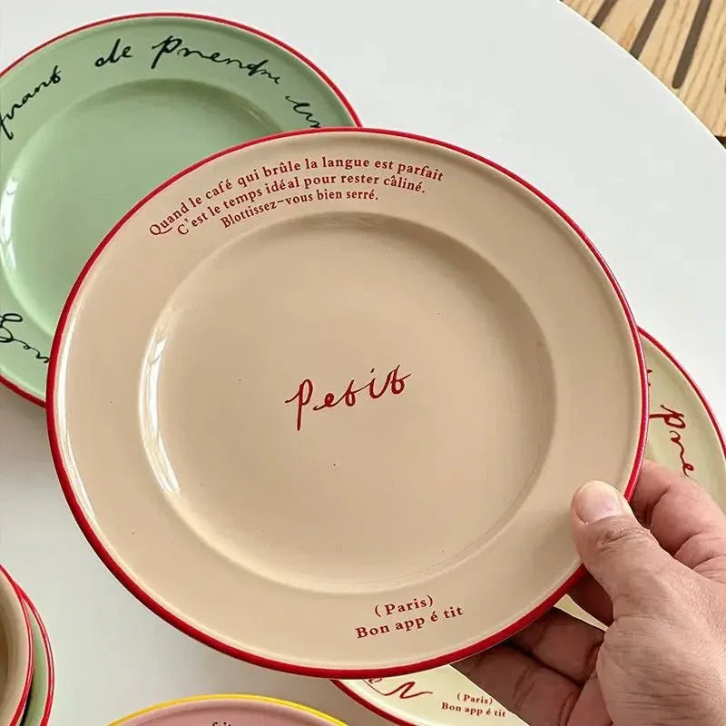 Ceramic Dessert Plate 8 Inch Round Pastel Serving Dish with Script Detail for Kitchen Table Breakfast Pastry Appetizer Snack