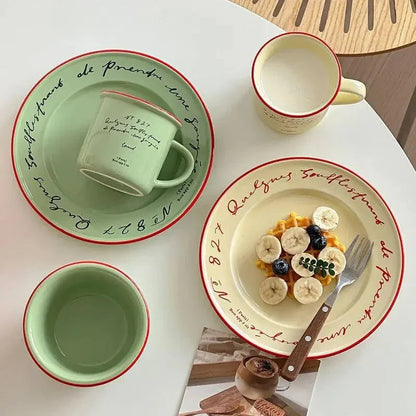 Ceramic Dessert Plate 8 Inch Round Pastel Serving Dish with Script Detail for Kitchen Table Breakfast Pastry Appetizer Snack