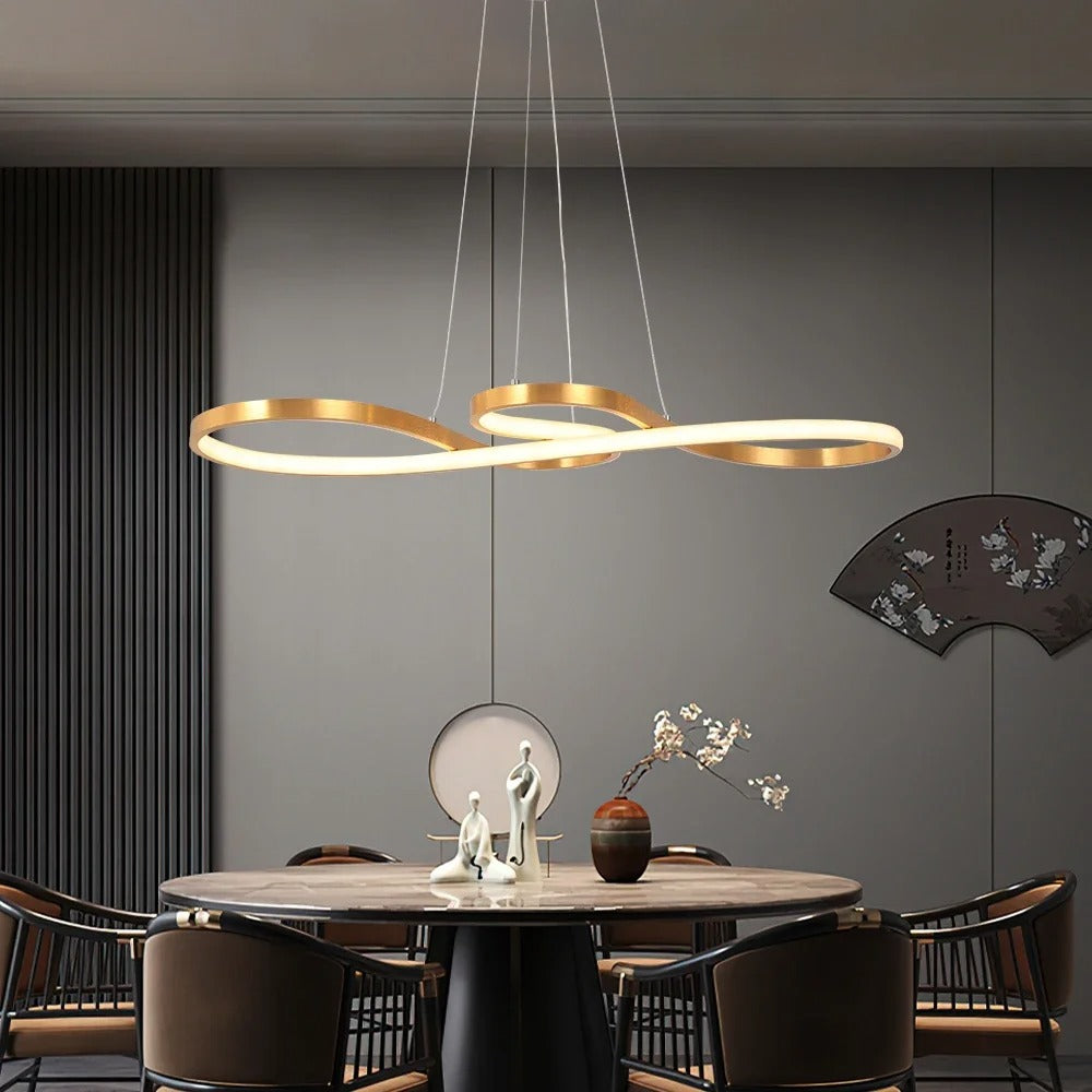 Modern Circle Hanging Fixture with Remote Dimming for Dining Room & Kitchen Island Adjustable Height 47 in Black White Gold Finish Contempor