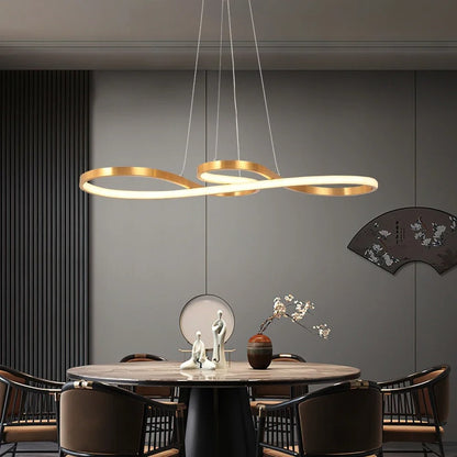 Modern Circle Hanging Fixture with Remote Dimming for Dining Room & Kitchen Island Adjustable Height 47 in Black White Gold Finish Contempor