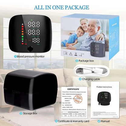 Tensiómetro de muñeca recargable con lectura por voz y pantalla LCD para seguimiento de la salud en el hogar