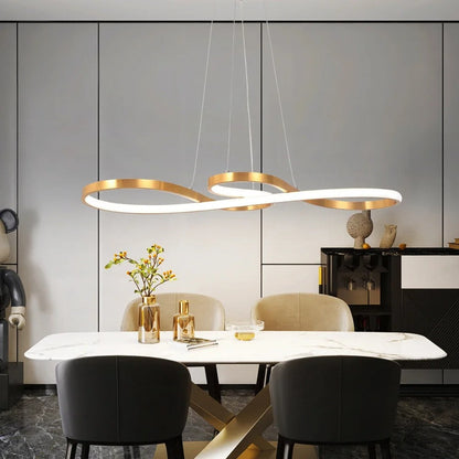 Modern Circle Hanging Fixture with Remote Dimming for Dining Room & Kitchen Island Adjustable Height 47 in Black White Gold Finish Contempor