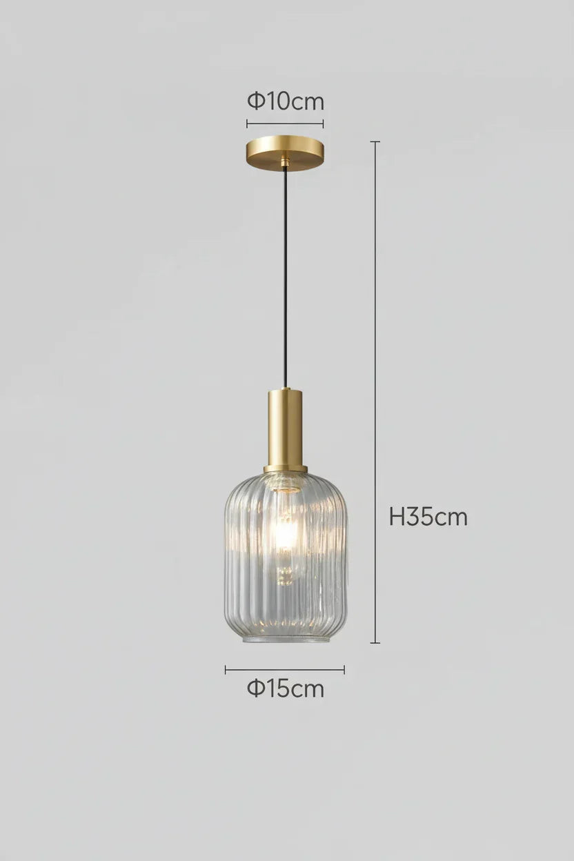 Hanging Ceiling Fixture with Fluted Glass Shade 12-Inch Gold Hardware for Counter Island Table Task Lighting Modern Single-Drop Cord Mount E