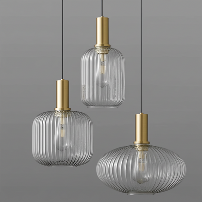Hanging Ceiling Fixture with Fluted Glass Shade 12-Inch Gold Hardware for Counter Island Table Task Lighting Modern Single-Drop Cord Mount E
