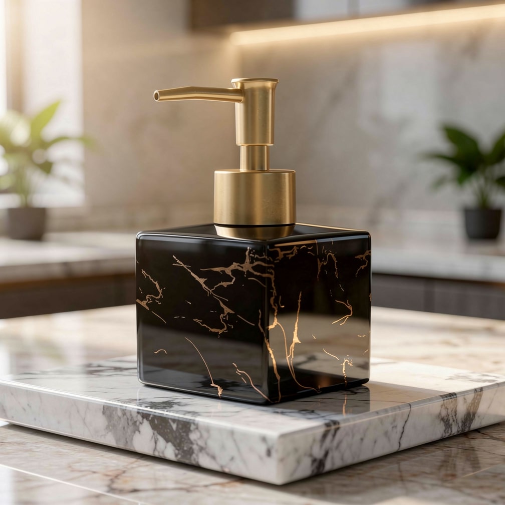 Ceramic Liquid Soap Pump Dispenser with Gold Pump for Countertop – Marble-Look Lotion Bottle for Vanity, Sink & Kitchen Counters