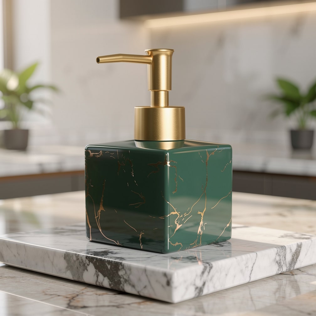 Ceramic Liquid Soap Pump Dispenser with Gold Pump for Countertop – Marble-Look Lotion Bottle for Vanity, Sink & Kitchen Counters
