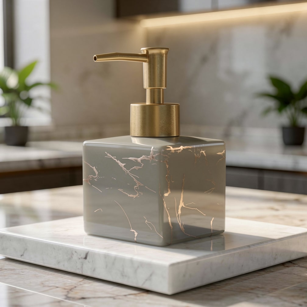 Ceramic Liquid Soap Pump Dispenser with Gold Pump for Countertop – Marble-Look Lotion Bottle for Vanity, Sink & Kitchen Counters