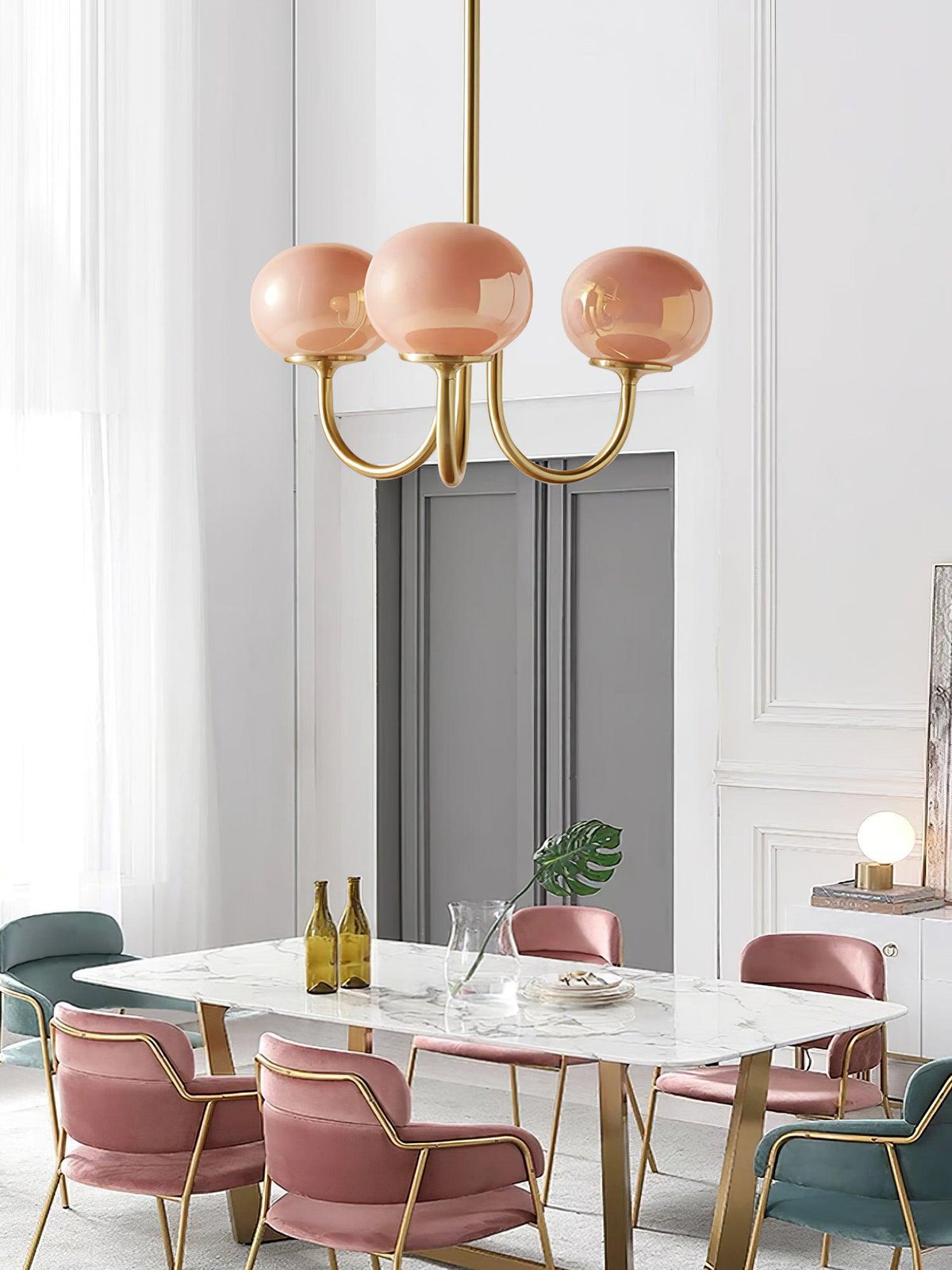 Handblown Glass Globe Chandelier with Gold or Chrome Finish – 3 or 5 Light Dining Room Pendant for Kitchen Island, Bedroom, Living Room
