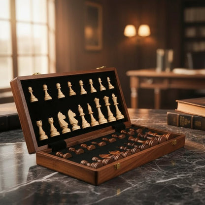 Handcrafted Wooden Chess Set with Folding Board and Solid Wood Pieces for Home, Travel & Tournament Play