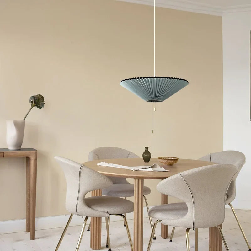 Sculptural Paper Shade Hanging Fixture with Transformable Geometry for Overhead Illumination Above Tables Islands Counters Light Blue Warm G