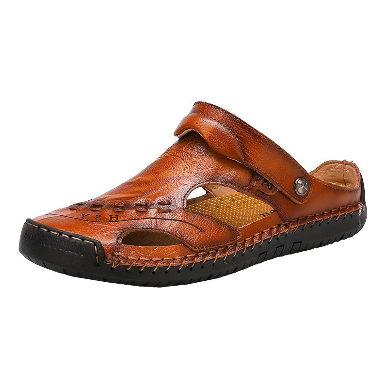 Men's Open-Toe Leather Sandals – Handcrafted, Rubber Sole, Round Toe for Summer Travel & Casual Wear – Sizes US 6.5-13