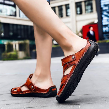 Men's Open-Toe Leather Sandals – Handcrafted, Rubber Sole, Round Toe for Summer Travel & Casual Wear – Sizes US 6.5-13