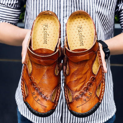 Men's Open-Toe Leather Sandals – Handcrafted, Rubber Sole, Round Toe for Summer Travel & Casual Wear – Sizes US 6.5-13