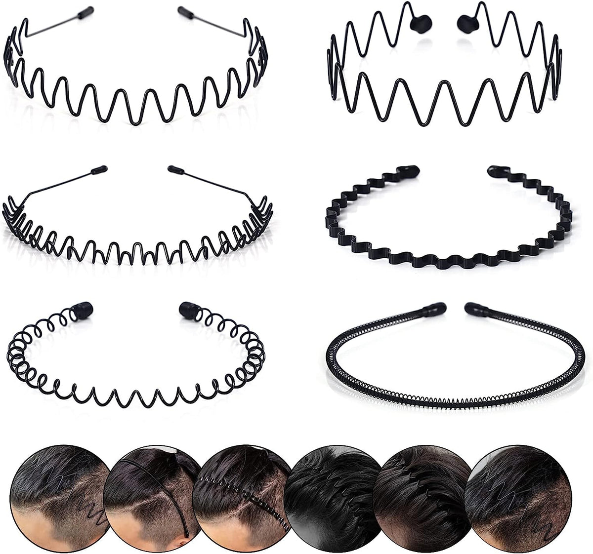 Metal Hair Bands for Men – Wave, Spiral, Circle, Zigzag Designs – Non-Slip, One Size Fits All – Pack of 6