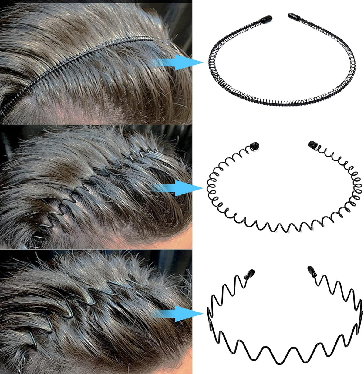 Metal Hair Bands for Men – Wave, Spiral, Circle, Zigzag Designs – Non-Slip, One Size Fits All – Pack of 6