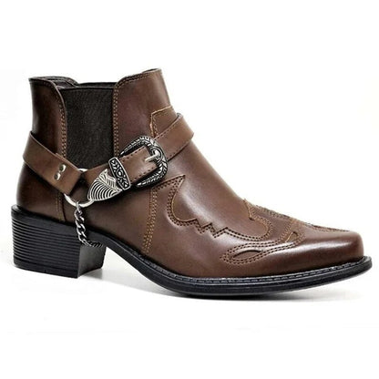 Men's Pointed-Toe Ankle Boots with Chain Detail – Leather Western Motorcycle Style for Urban Wear & Casual Outfits