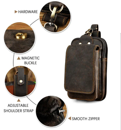 Men's Waist Belt Pouch – Genuine Cowhide Hip Pack with RF Shielding Lining for Phone & Essentials