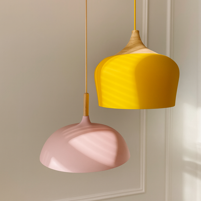Wood & Metal Dome Shade Hanging Light 14 in Pastel Finish for Kitchen Island Dining Room Nursery Workspace E27 Socket Adjustable Height Cord