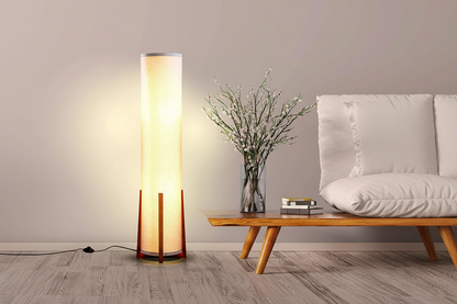 Wooden Standing Lamp with Cylinder Fabric Shade 47 in Tall Ambient Light for Living Room Bedroom Reading Corner Modern Neutral Decor Accent