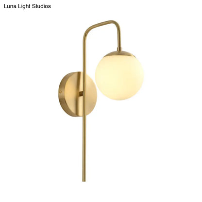 Frosted Glass Globe Wall Light with Curved Brass Arm for Bedroom, Hallway & Living Room – Single LED Sconce